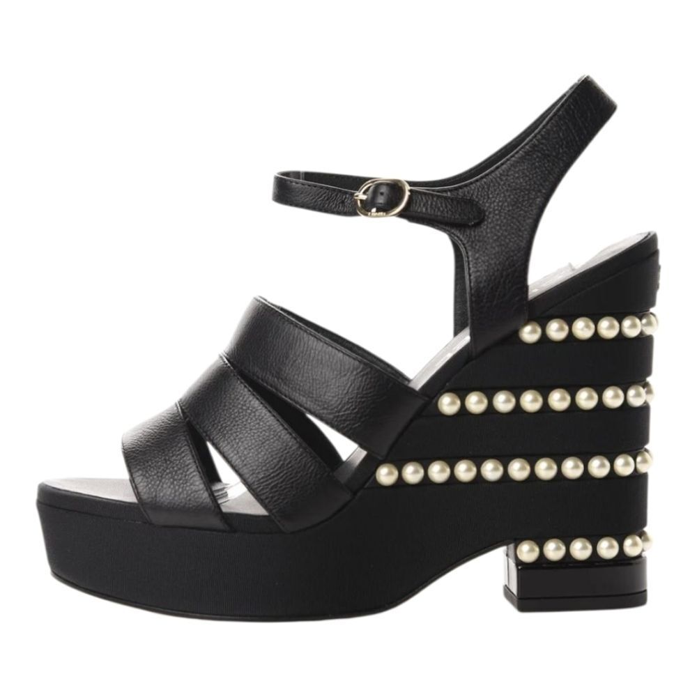 Chanel Calfskin Grosgrain Pearl Wedge‎ Sandals Size EU 38.5 Black